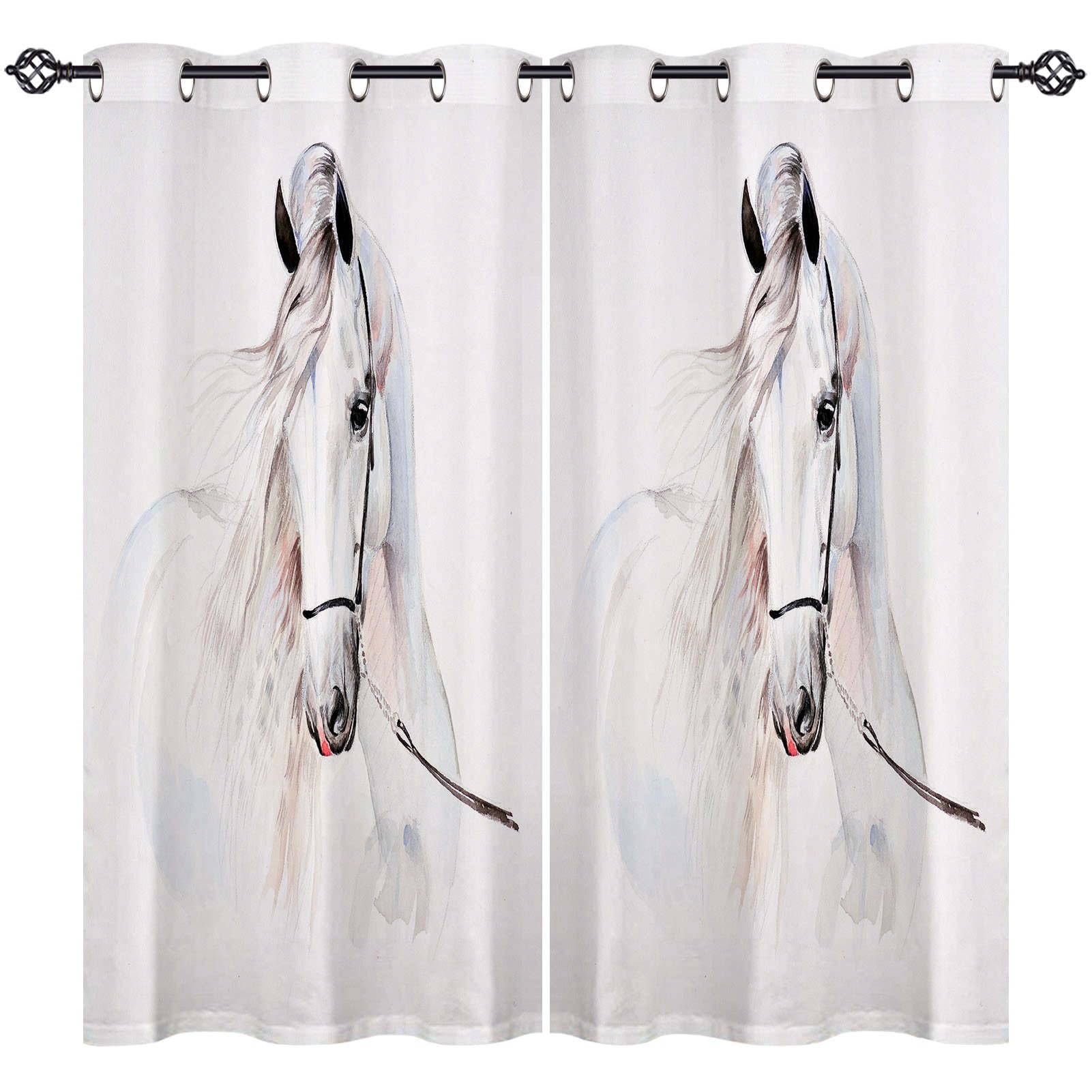 ANHOPE Horse Curtains Eyelet 80% Blackout Room Darkening Curtains with Watercolor Theme Animal White Horse Print Pattern Light Blocking Window Drapes for Bedroom Living Room 52 x 63 Inch Drop 2 Panels