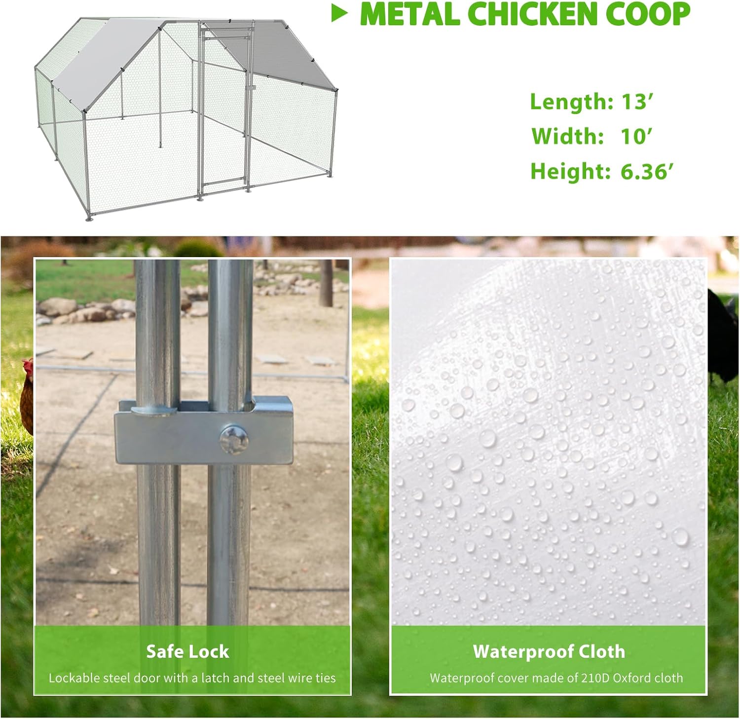 Close-up of the chicken coop's safe lock mechanism and a section of the waterproof cloth cover.