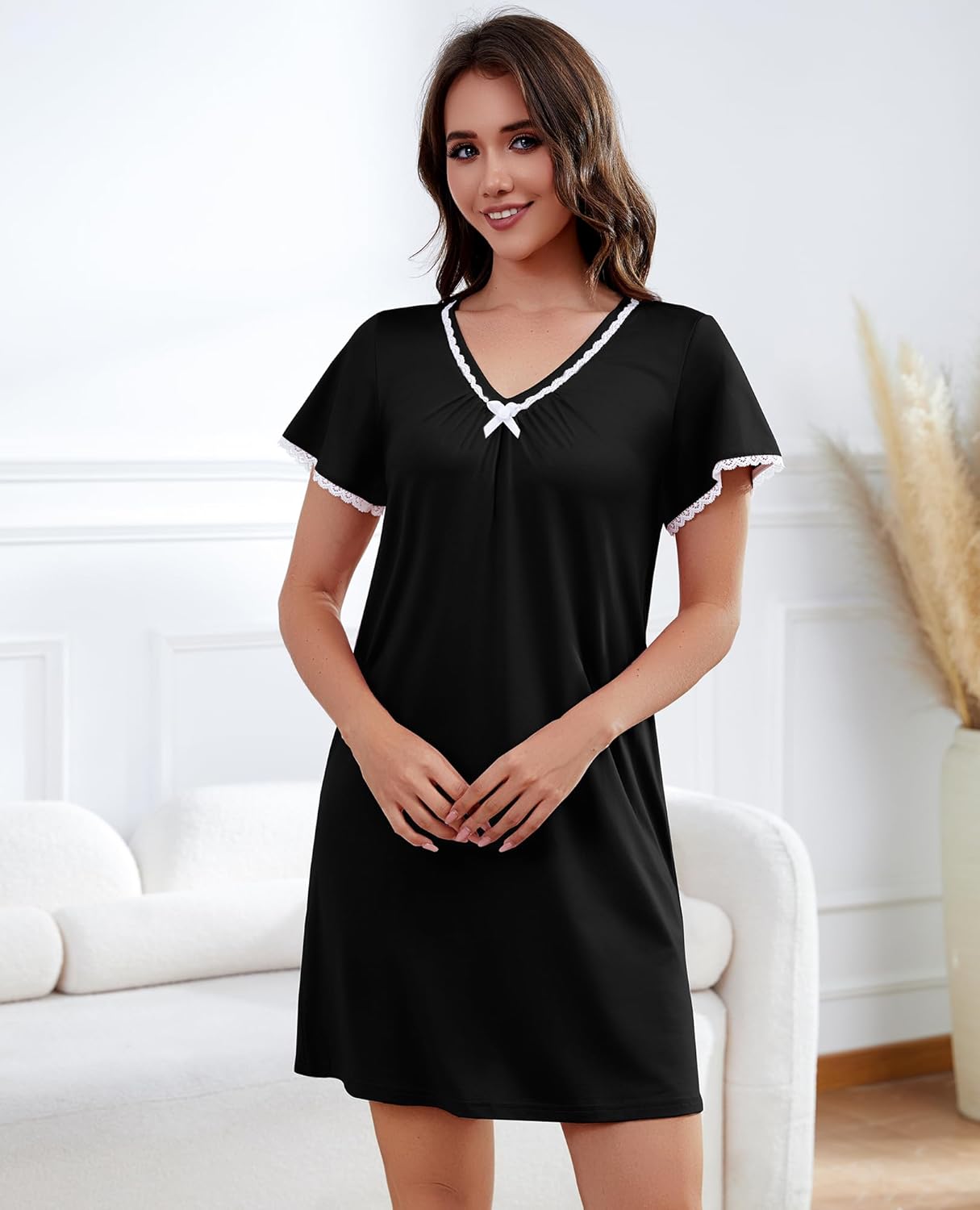 Womens Nightgown V Neck Pleated Sleepwear Short Sleeve Lace Trim Nightshirt Boyfriend Sleepdress - Image 3