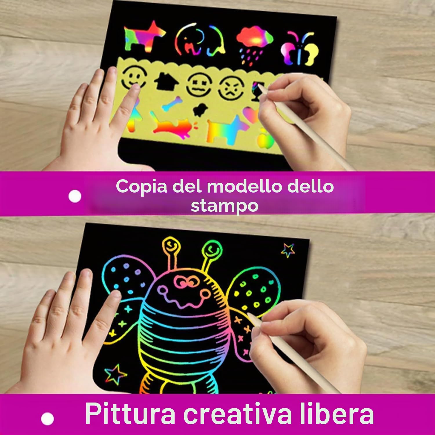 Pigipigi Kids Scratch Art Bambini, 24 Set con Quaderno Grattare, Stencil e Penna Legno - Gadget Compleanno Bambini, Regalini Fine Festa Compleanno Bambini - Lavoretti Creativi