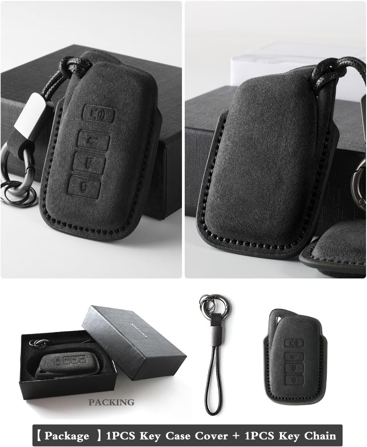 for Lexus Key Fob Cover with Keychain Fit is ES GS LS UX NX RX RC LC GX LX Series Smart Keys Case Protector Suede Lanyard Keychain Protector Holder Car Key case Accessories (Black, Style A)