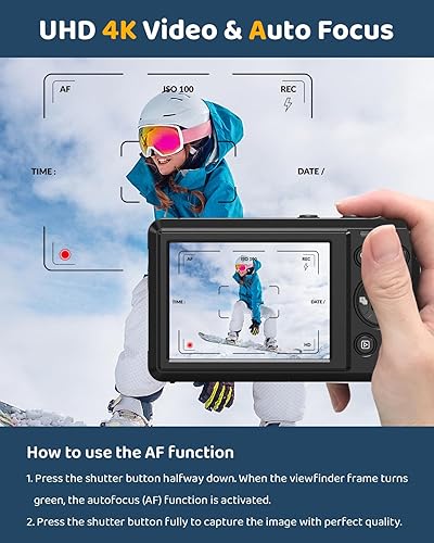 Miniatura 3 de Cámara digital 4K UHD Vlogging, cámara compacta de enfoque automático de 44 MP con zoom digital de 16X, cámara digital recargable de apuntar y