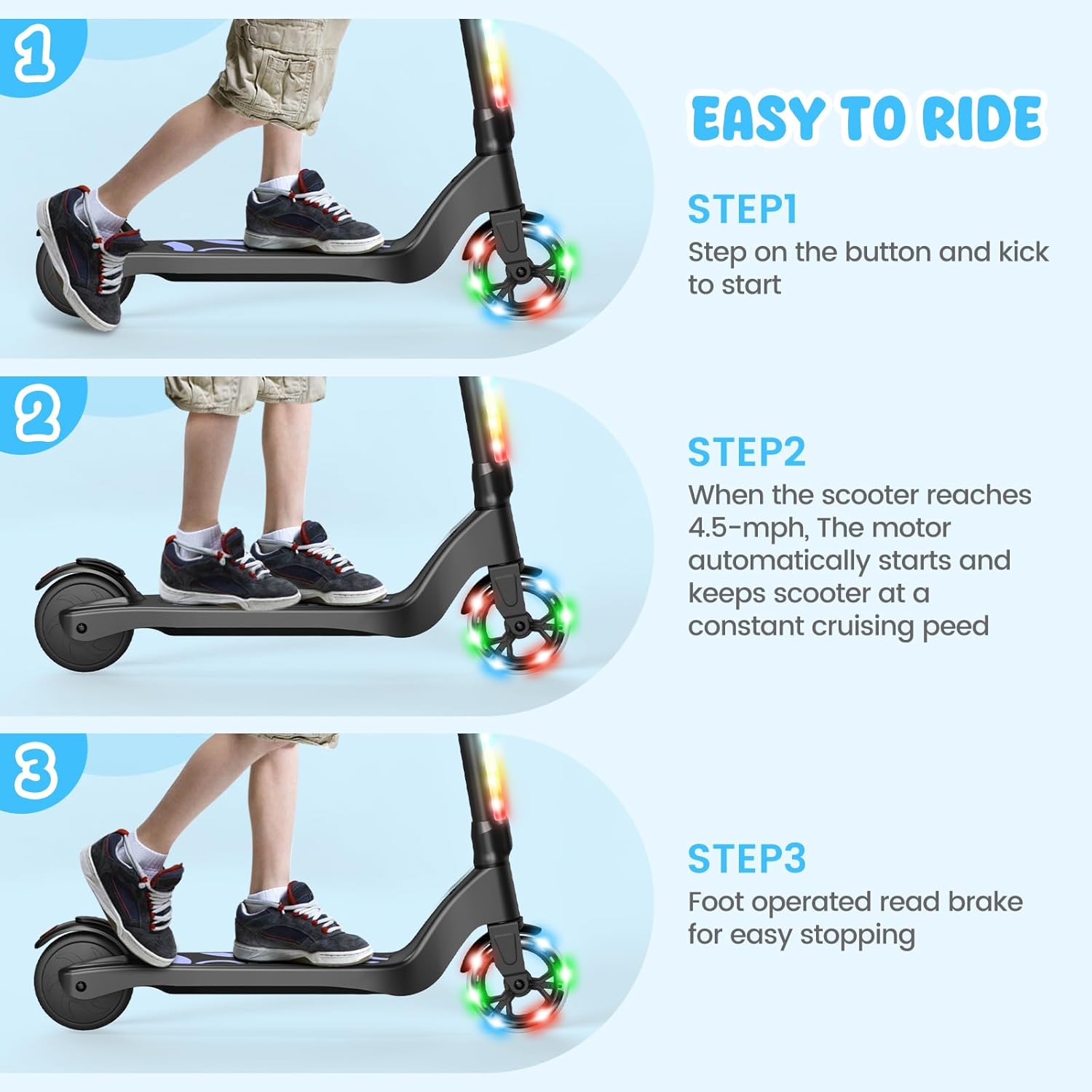 LIEAGLE Electric Scooter for Kids Ages 6-12, LED Light-Up Deck, Kids Scooters with 3 Adjustment Levels Handlebar to 36 Inches High,5.3" Wheel UL Certificated Kick Scooter - Image 6