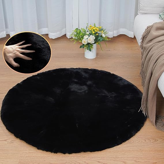 Black Rabbit Shaggy Fur Rug for Bedroom Washable Furry Circle Area Rugs for Living Room Kids Small Round Rug 3ft Nursery Rug
