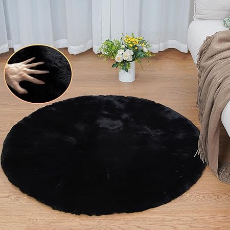 Black Rabbit Shaggy Fur Rug for Bedroom Washable Furry Circle Area Rugs for Living Room Kids Small Round Rug 3ft Nursery Rug