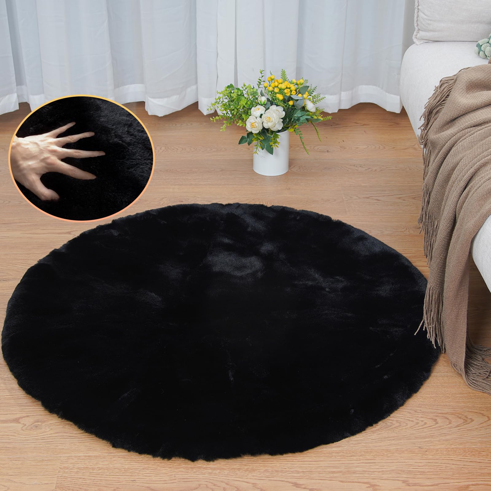 ORINOVA Black Rabbit Shaggy Fur Rug for Bedroom Washable Furry Circle Area Rugs for Living Room Kids Small Round Rug 3ft Nursery Rug
