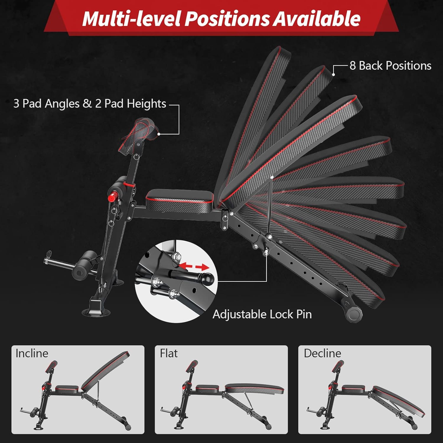 Detailed view of the Goplus Adjustable Workout Bench components, highlighting the padded cushions, foam rollers, adjustable foot pads, weight plate storage, and resistance bands.