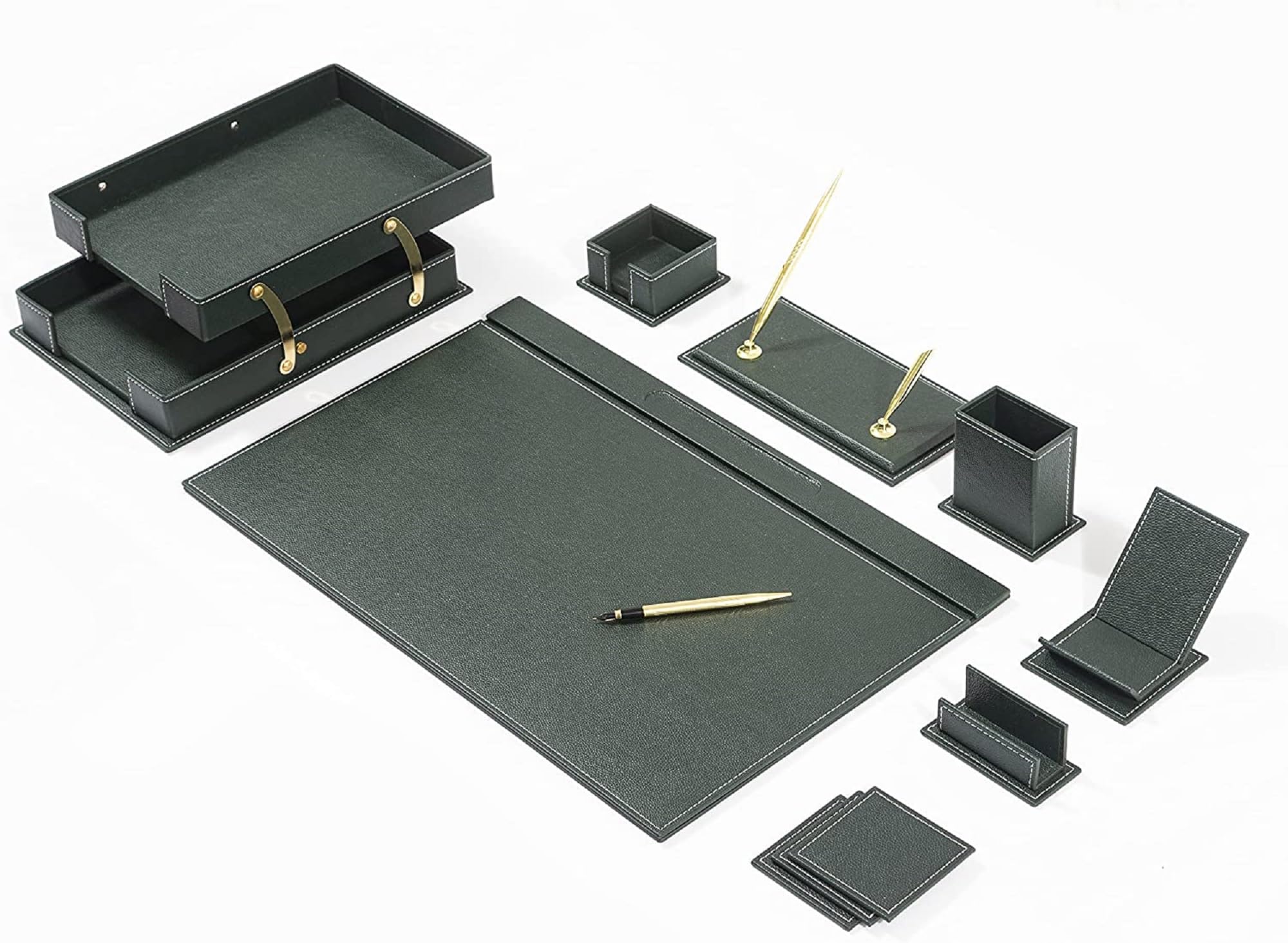 Desk Organizers - Desk Accessories - Leather Desk Organizer - Bonded Leather Set - Office Desk Accessories - Home Office Accessories - Office Organizer - Desk Supplies - Leather Desk Set (Green) — image 1