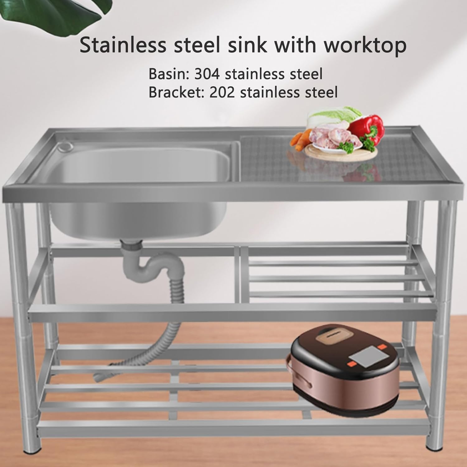 Outdoor Kitchen Sink with Hose Hook up,Free Standing Outside Sink,Stainless Steel Utility Laundry Tub,Portable Camping Sink,Hand Washing Station for Outside Garden Commercial Garage Camping(110*45*80c