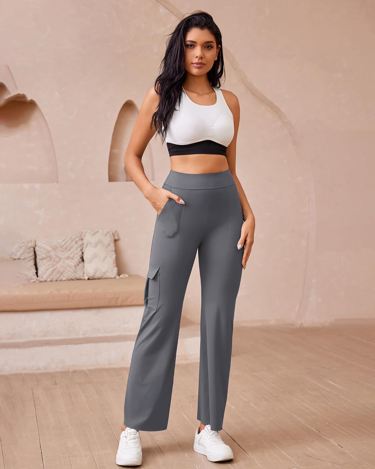 Women's Straight Leggings with Pocket No Front Seam Yoga Gym Cargo Pant High Waisted Tummy Control Soft Bootcut Pants - Image 3