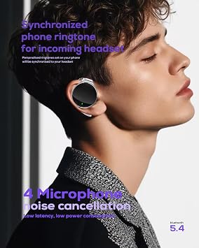 On Ear Bluetooth Headphones 5.4 Open Ear Wireless with Noise Cancellation Water Drop-Shaped Clip On Sport Headset with 4 Microphones Comfort Fit Ear Hooks Black
