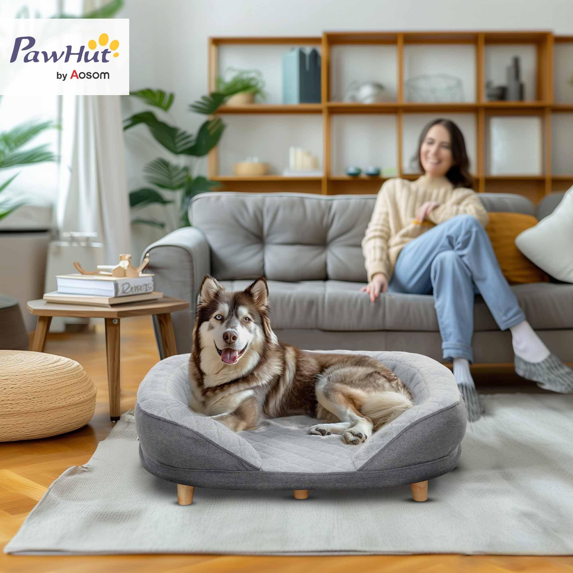 PawHut canapé pour chien Canapé pour chien, housse lavable, canapé pour animaux de compagnie avec dossier et pieds en bois, canapé pour chat, pour chiens de taille moyenne de moins de 25 kg, gris