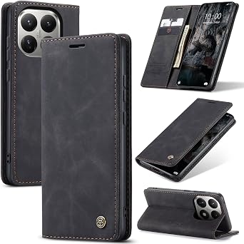 for Xiaomi 15T Flip Matte Leather Case, Slim Stitched PU Folio Book Wallet Purse Cover with Kickstand, Card Holders, Cash Slot, Magnetic Closure. Talk with Front Cover Closed Black