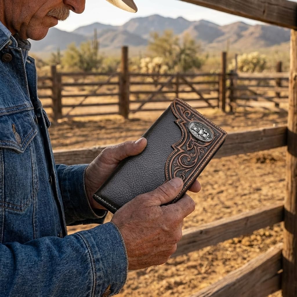 Men's Long Leather Wallet – Western Tooled Bifold Checkbook Organizer with Cowboy Concho (Cowboy Praying, Brown)