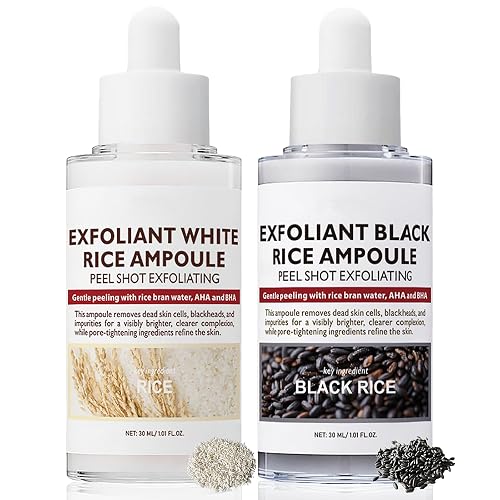 2PCS Rice Exfoliating Ampoule Set, Black & White Rice Peel Shot Glow Rice Ampoule Duo, Gentle Peel + Pore Minimizing & Deep Hydration for All Skin Types