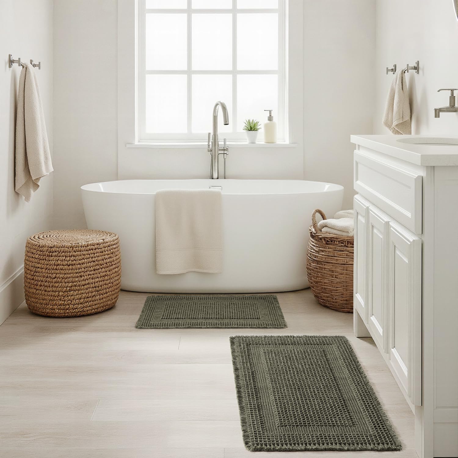 MIULEE Set of 2 Waffle Bathroom Rugs, Boho Bath Rug Super Absorbent, Non Slip Washable Ultra Soft Rubber Backed Shower Bath Mats for Floor, Tub, Shower, Looped Design, Green, 18x30 Inch - Image 7