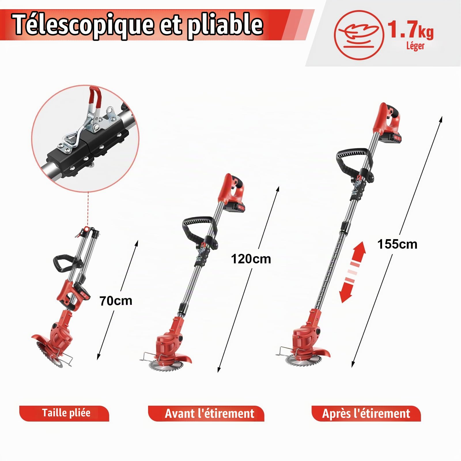 Débroussailleuse 21V sans Fil 2 Batteries 3 Lames avec Roues