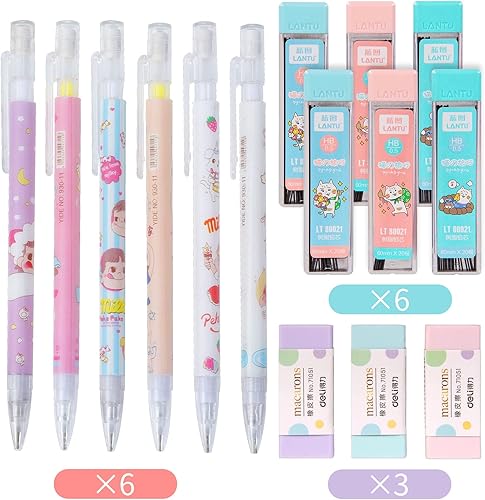 Miniatura 5 de NSJDDWN Lindo juego de lápices mecánicos para niños, 6 lápices japoneses Kawaii de 0.020 in, 6 tubos de repuesto para lápices, 3 borradores, bonitos