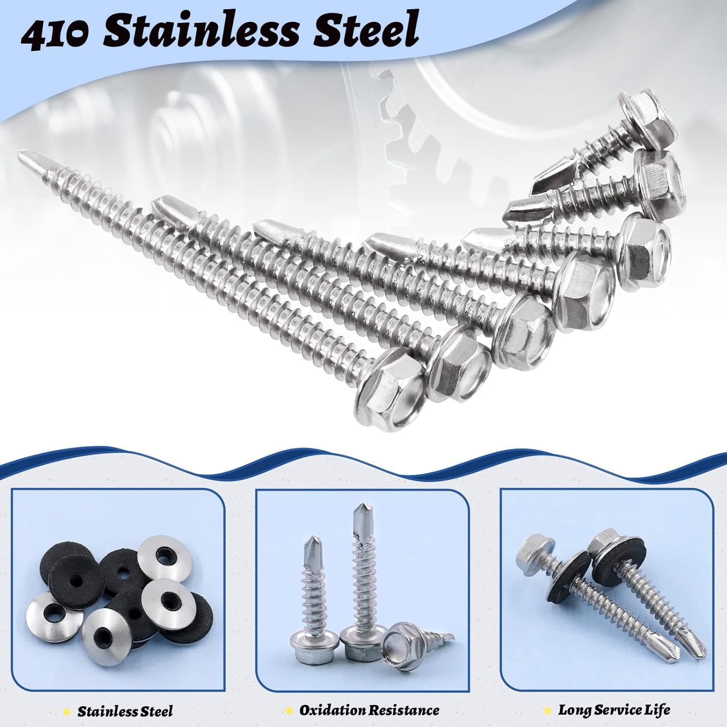 Self-Drilling Screw, Zinc Plated Finish, Hex Washer Head, External Hex Drive, Sealing, Includes Washer [Pack of 100] (10 X 20) - Image 7 thumbnail