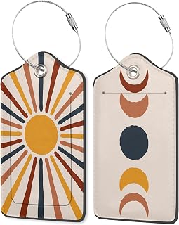 Set of 2 Luggage Tags for Suitcases, Leather Abstract Sun Moon Modern Boho Style Baggage Tags with Stainless Steel Loop, Privacy Name ID Card Cover Travel Labels for Women Men Kids Girls