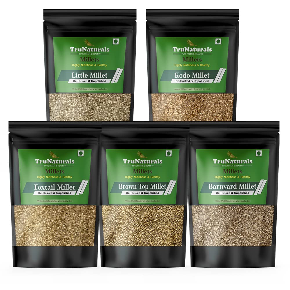 TruNaturals Unpolished Millets Combo Pack of 5 (1Kg x 5 in Re-sealable Pouches) | Export Quality 5 Positive Siridhanya Millets Organic | Browntop, Foxtail, Kodo, Little, Barnyard Millet Rice (B09T3F99VL) Amazon Price History, Amazon Price Tracker