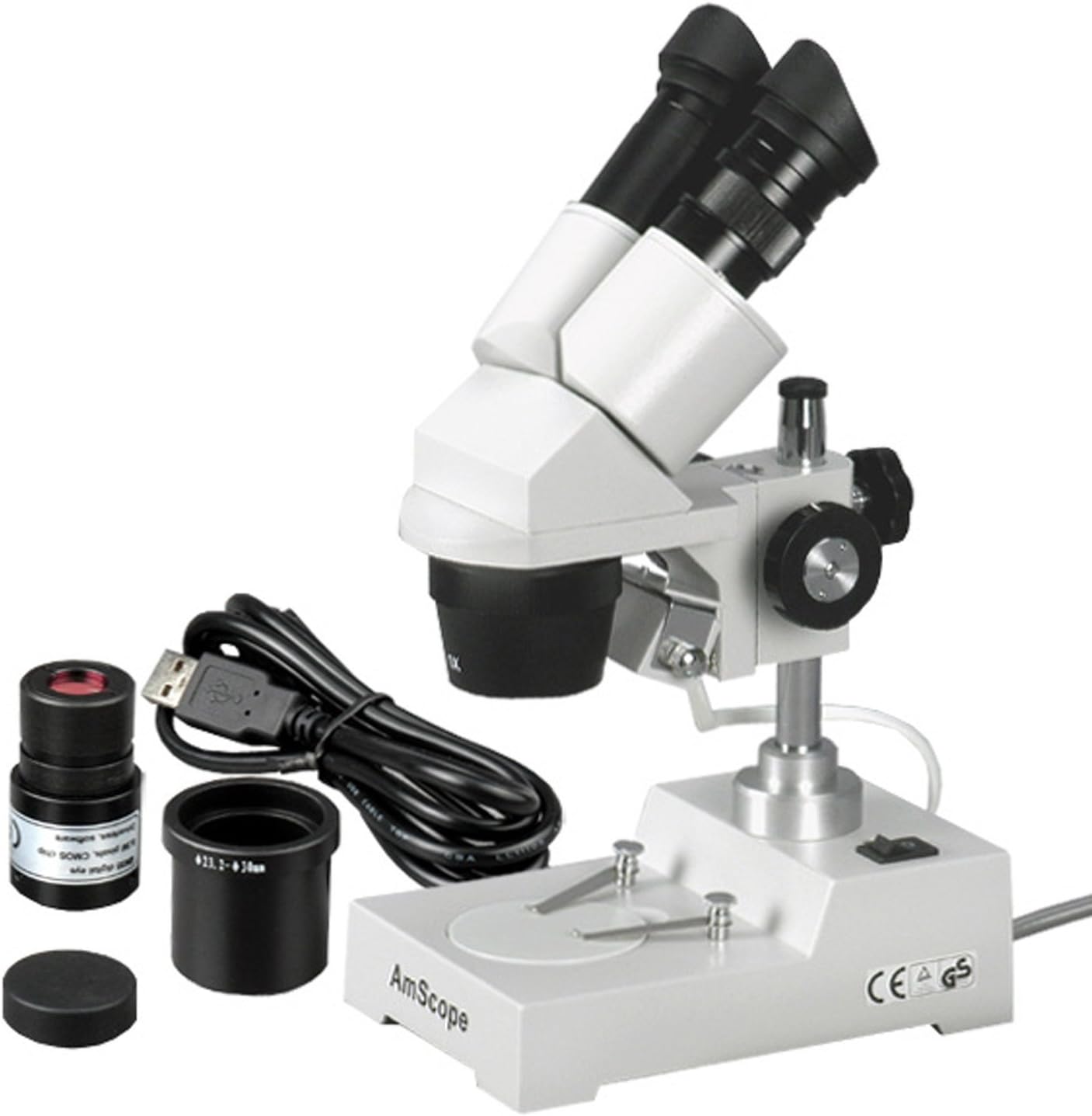 AmScope SE303-PX-E Digital Binocular Stereo Microscope, WF5x and WF10x Eyepieces, 5X/10X/15X/30X Magnification, 1X and 3X Objectives, Tungsten Lighting, Reversible Black/White Stage Plate, Pillar Stand, 110V, Includes 0.3MP Camera and Software