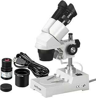 AmScope SE303-PZ-E Digital Binocular Stereo Microscope, WF10x and WF20x Eyepieces, 10X/20X/30X/60X Magnification, 1X and 3X Objectives, Tungsten Lighting, Reversible Black/White Stage Plate, Pillar Stand, 110V, Includes 0.3MP Camera and Software
