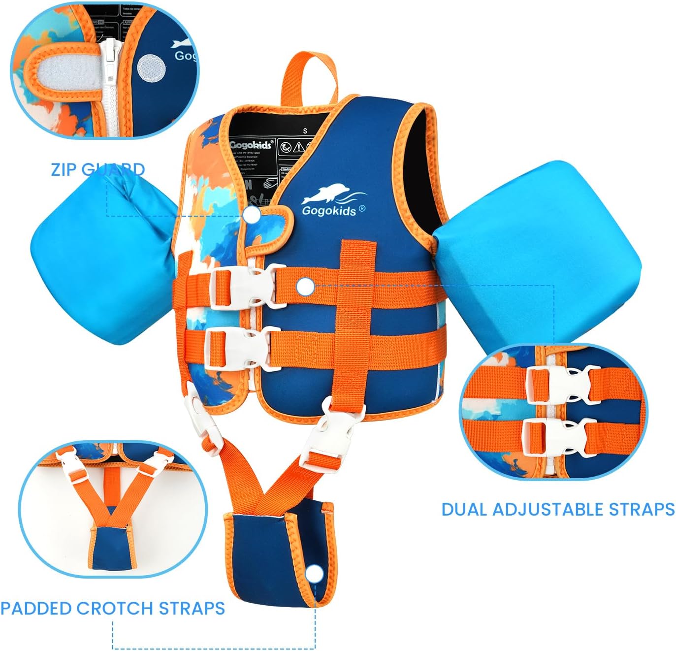 Gogokids Toddler Swim Vest for Kids 33-66 Pounds, Toddler Floaties Water Wing Arm Float, Swim Jacket with Adjustable Safety Strap for 2 3 4 5 6 Years Old Girls and Boys in Pool/Puddle