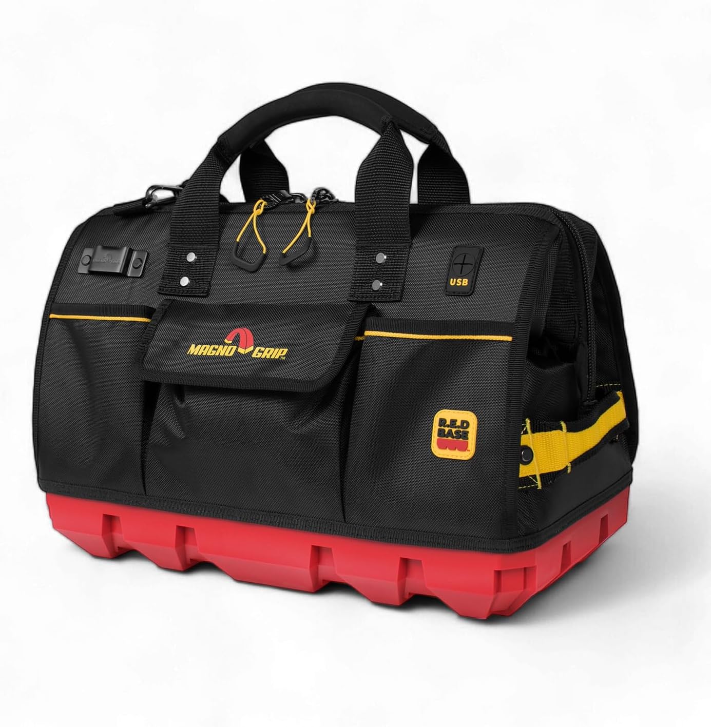 MagnoGrip RED Base 18" Heavy-Duty Tool Bag – 22 Pockets, 8 Loops, 1680D Ballistic Polyester, Waterproof Bottom, USB Port, Padded Strap. Tool storage for Electricians, Plumbers, Contractors & DIYers.