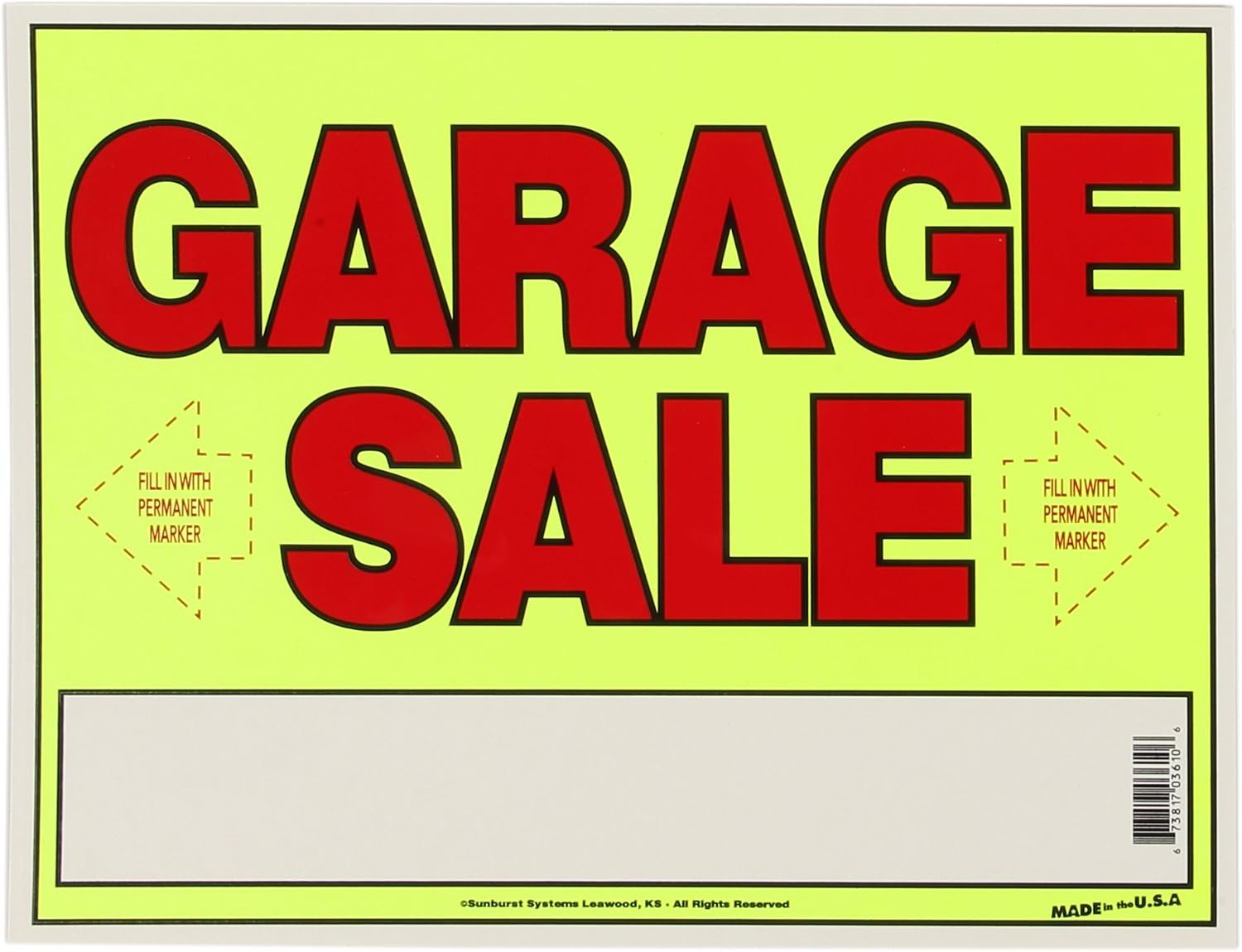 Sunburst Systems 3610 Garage Sale Sign 14" x 11" Neon, w/Directional Arrows & box to write info in, Weather Resistant