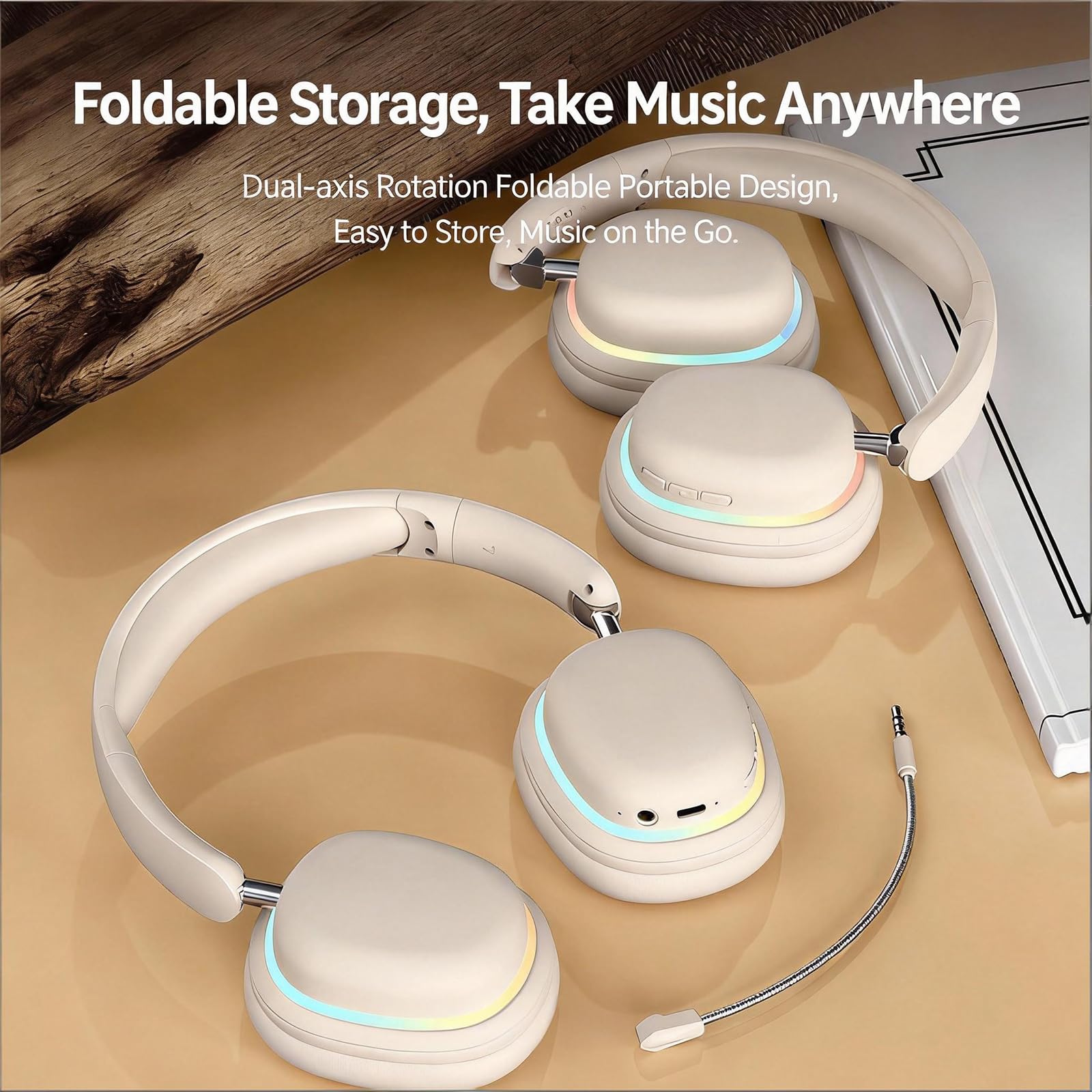 Cuffie Bluetooth wireless over-ear con chip 5.3, 20 ore di riproduzione, driver da 40 mm, design pieghevole e leggero, illuminazione RGB, doppio microfono per chiamate chiare, compatibili con PC