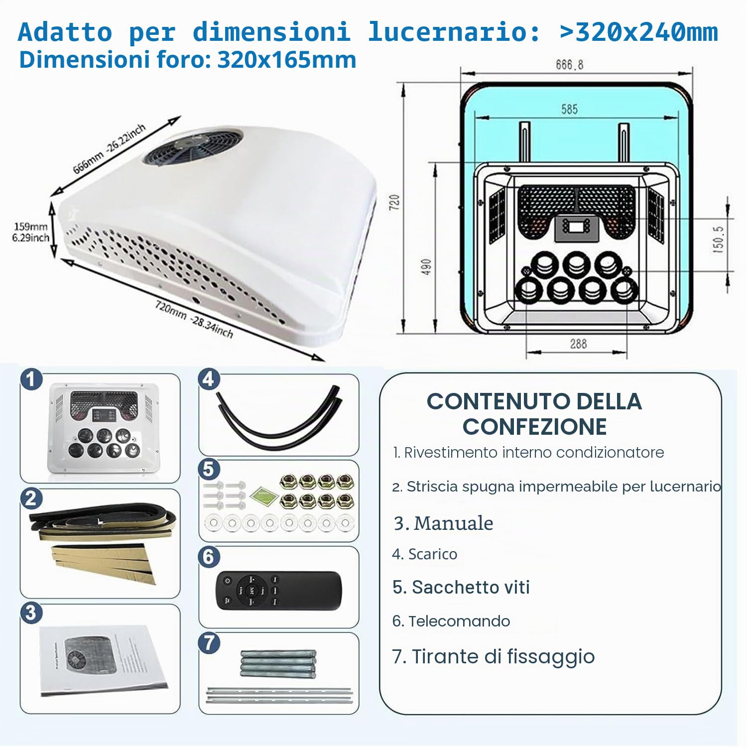 Condizionatore Aria Elettrico da Tetto per Camper,Aria Condizionata in Parcheggio,Roulotte e Bus - Unità A/C Non Condotta con Funzione Raffreddamento e Riscaldamento 220V