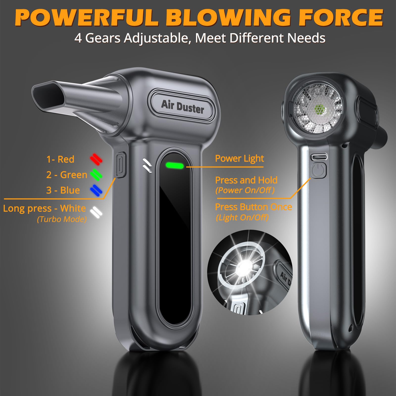 Herramientas de limpieza de plumero de aire eléctrico, 150000 rpm, plumero de aire inalámbrico súper potente, motor recargable sin escobillas, soplador duradero, soplador de polvo ajustable de 3
