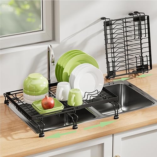 Miniatura 6 de Escurridor de platos enrollable negro expandible de hasta 22.8 pulgadas con 2 cestas de almacenamiento, escurridor de platos enrollable para cocina