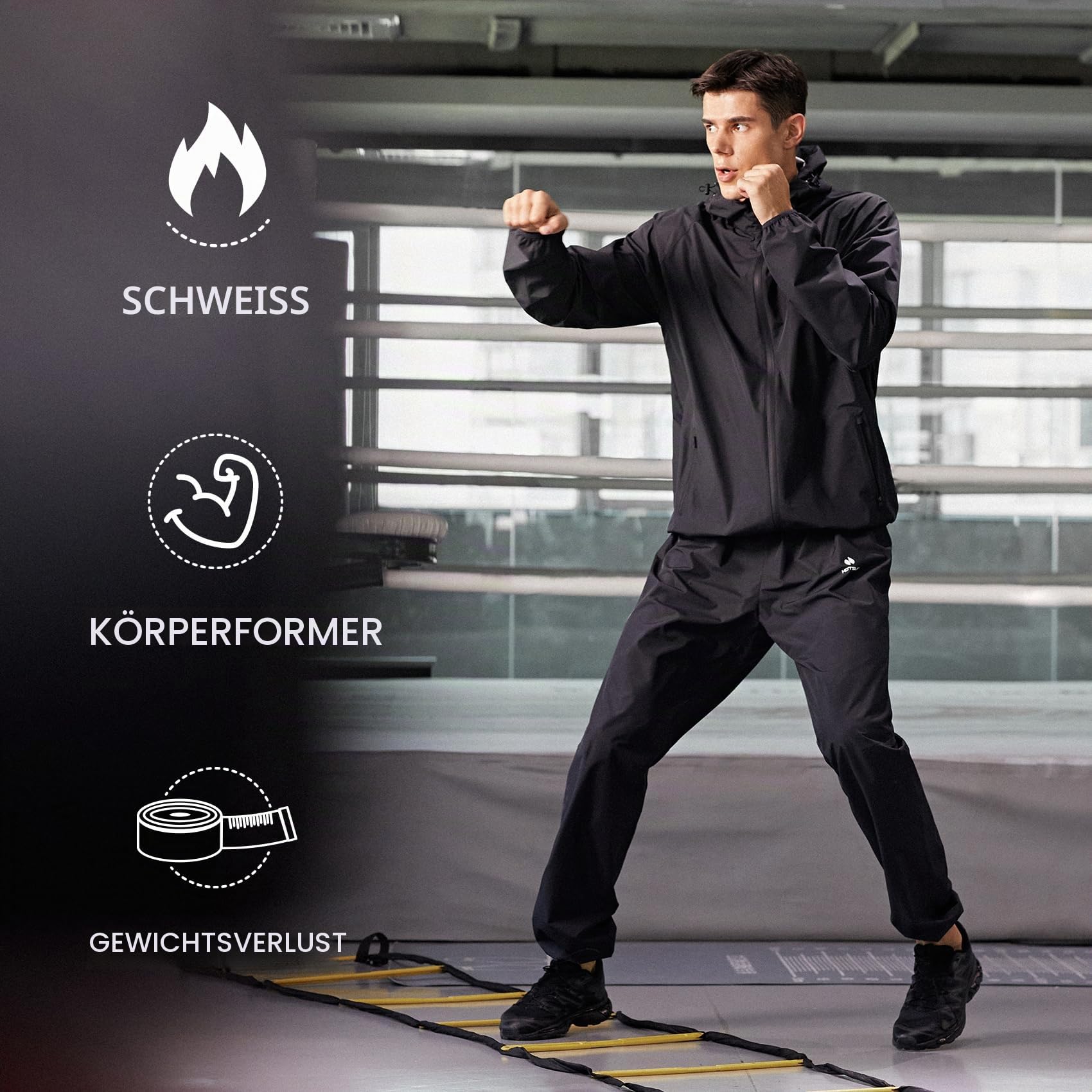 HOTSUIT Herren Sauna Trainingsanzug mit Reißverschluss, Fitness Schwitzjacke, Hose, Ganzkörper-Trainingsanzug, Schwarz