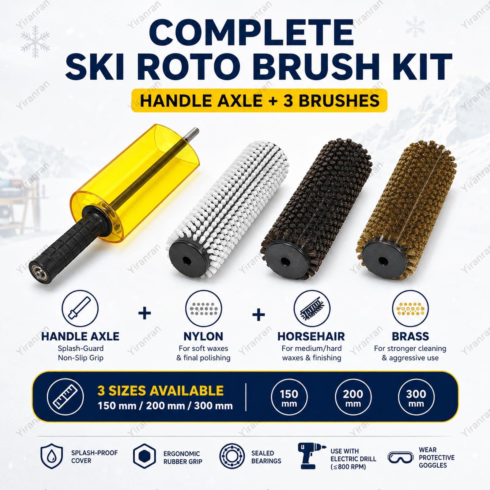 Kit de cepillo rotativo para esquís, eje para mango de cepillo rotativo, eje de 150 mm/200 mm/300 mm con los 3 cepillos (nylon, latón y crin de caballo) para encerado, para usar con taladro eléctrico