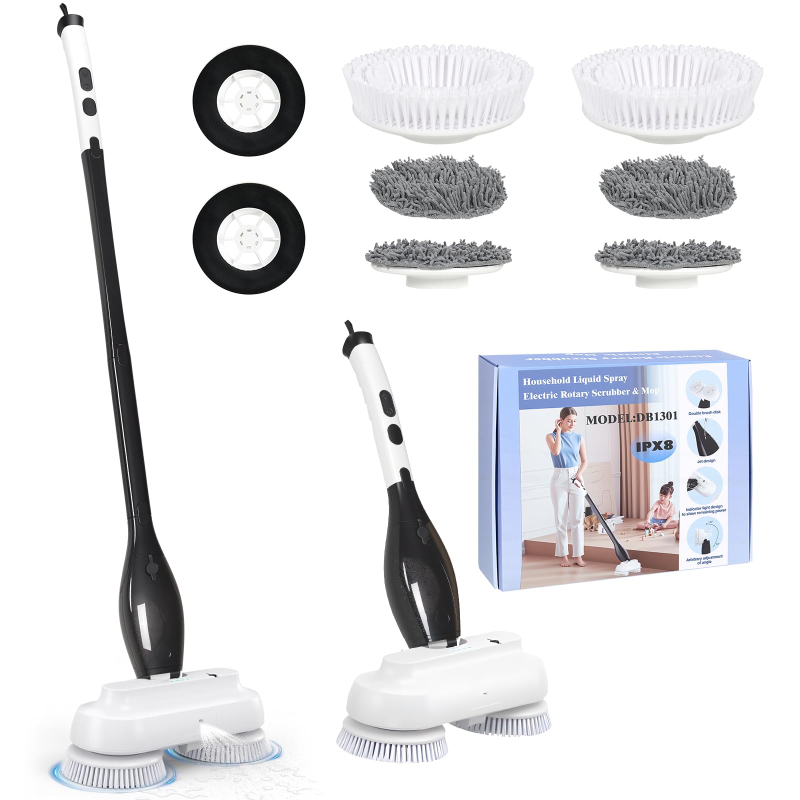 Lavapavimenti Elettrico, Lavapavimenti Senza Fili Con Funzione Spray Serbatoio Dell'acqua 800ML Batteria 4000Mah Design Doppia Spazzola Include 2 Spazzole Piatte 4 Panni Adatto Tutti I Tipi Pavimento
