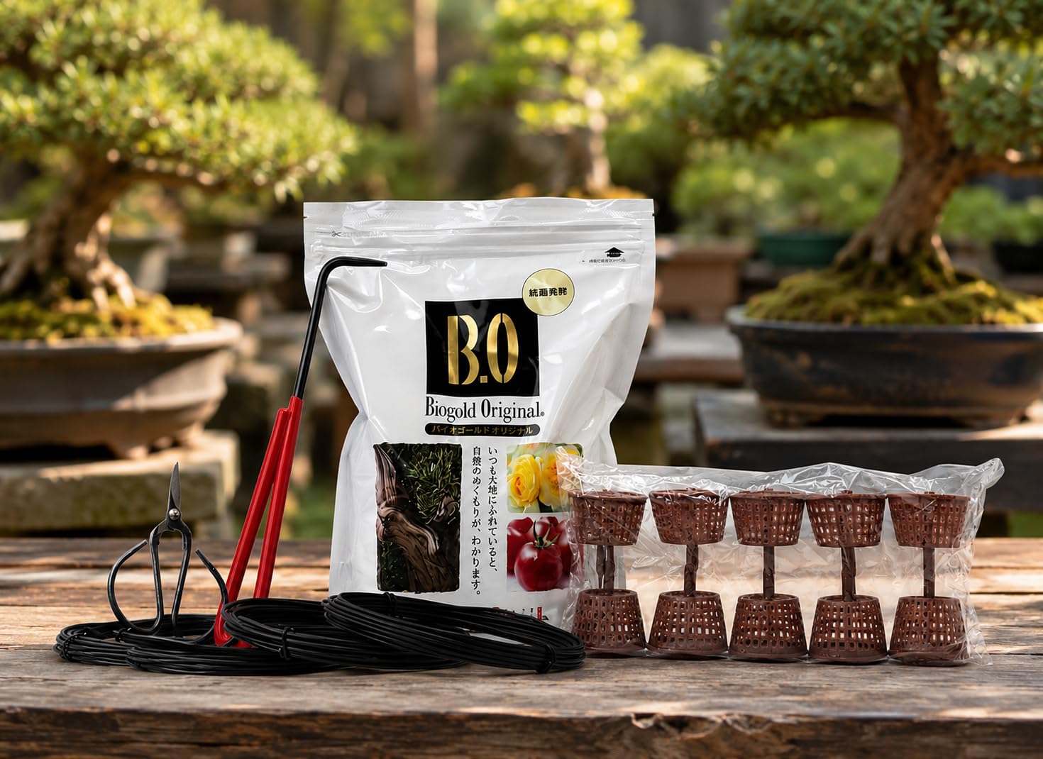Bonsai Pflege Komplettset – Biogold Original Dünger 900g aus Japan + 10 Düngekörbe + Bonsaischere + Draht 2,0/2,5/3,0 mm + Haken | Bonsai Werkzeug Set