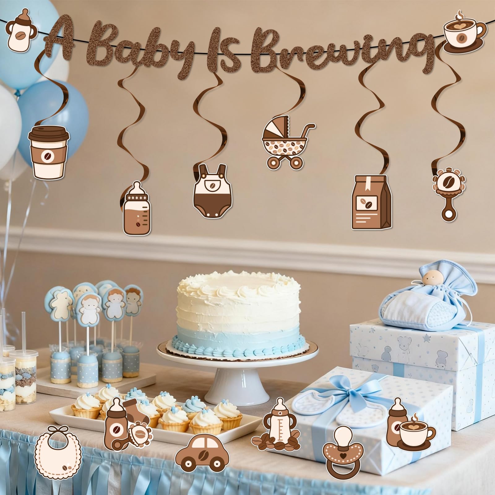A Baby Is Brewing Banner Set, Coffee Themed Party Decorations with Hanging Swirls & Stickers for Baby Shower Party Decor Supplies - Image 3