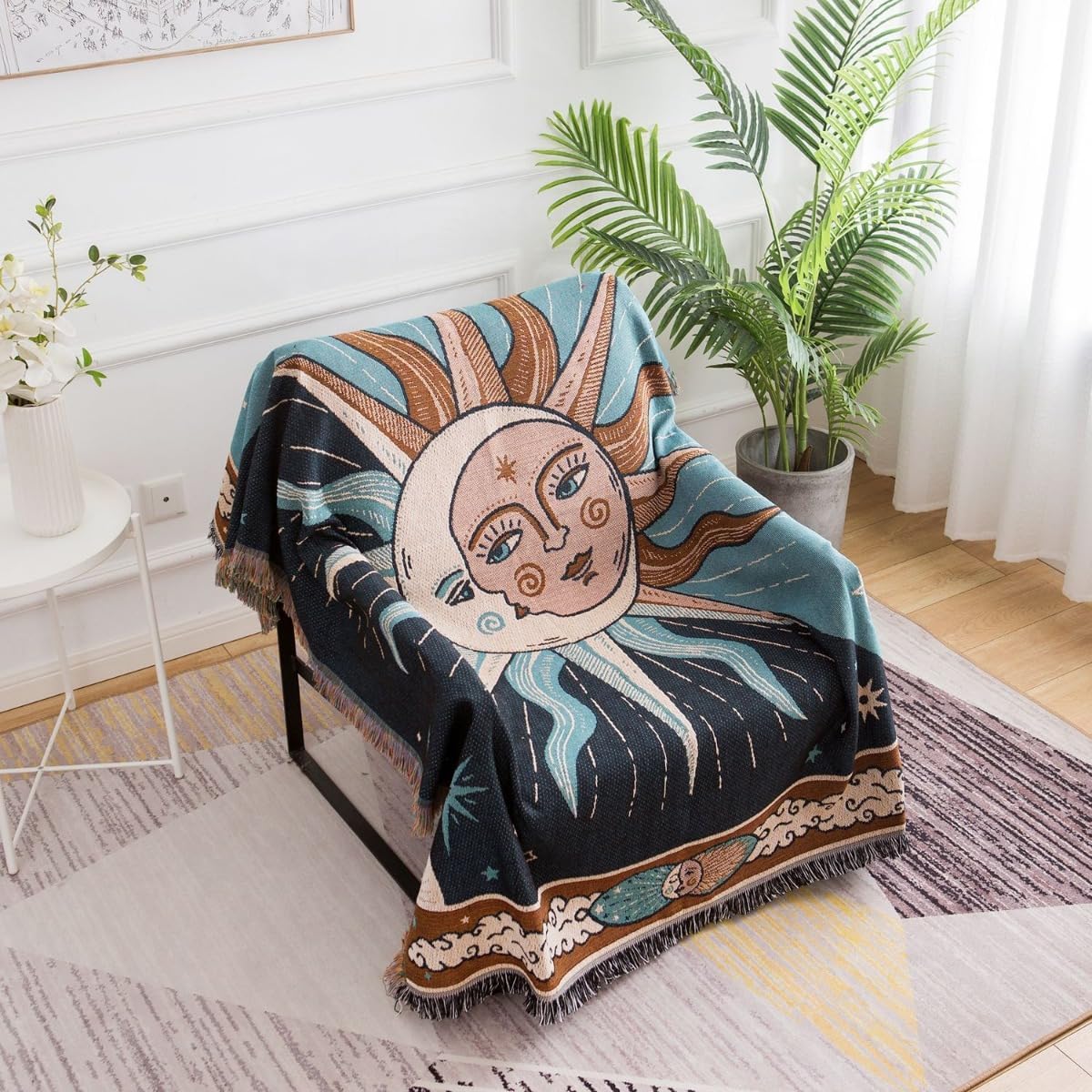 Celestial Sun and Moon Throw Blanket - Double Sided Cotton Woven Blankets Hippie Decor for Bed, Couch, Chair - Witchy Aesthetic Bedspread & Sofa Cover (Blue-Green)