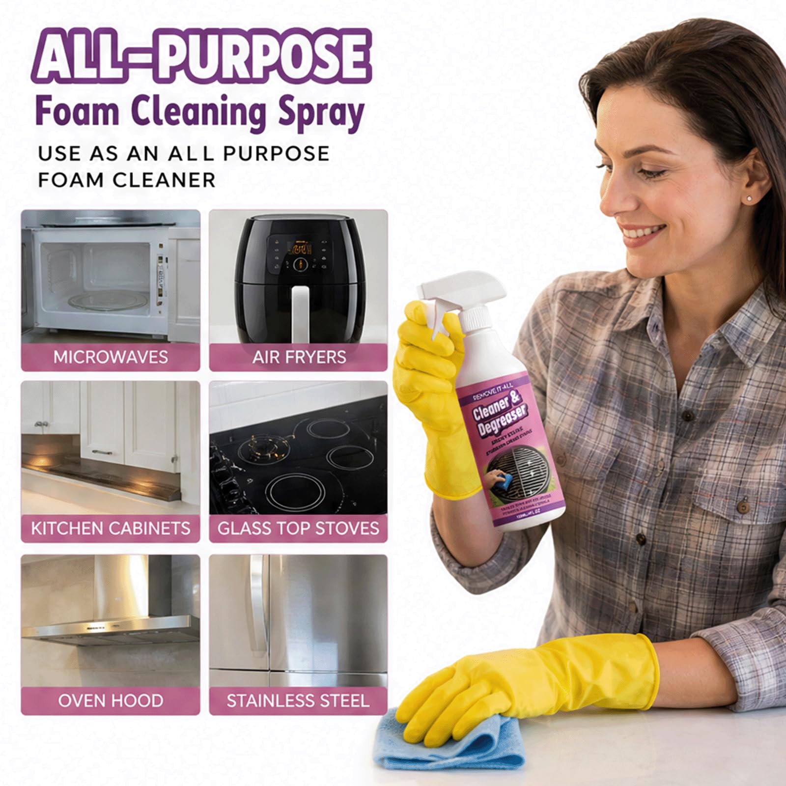 Spray desengrasante de cocina multiusos para trabajo pesado - Limpiador de manchas de aceite multisuperficie | Potente limpiador de espuma para alimentos quemados, grasa y barbacoa, (5 piezas)