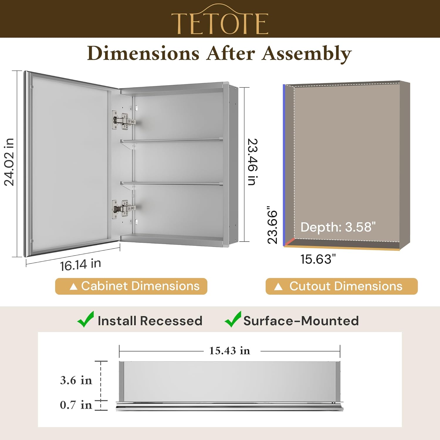 tetote 16 x 24 bathroom mirror with storage with tempered beveled mirror silver medicine cabinet aluminum cabinet dtc hinges, stepless adjustable shelves, recessed/surface-mounted 24"l x 16"w silver