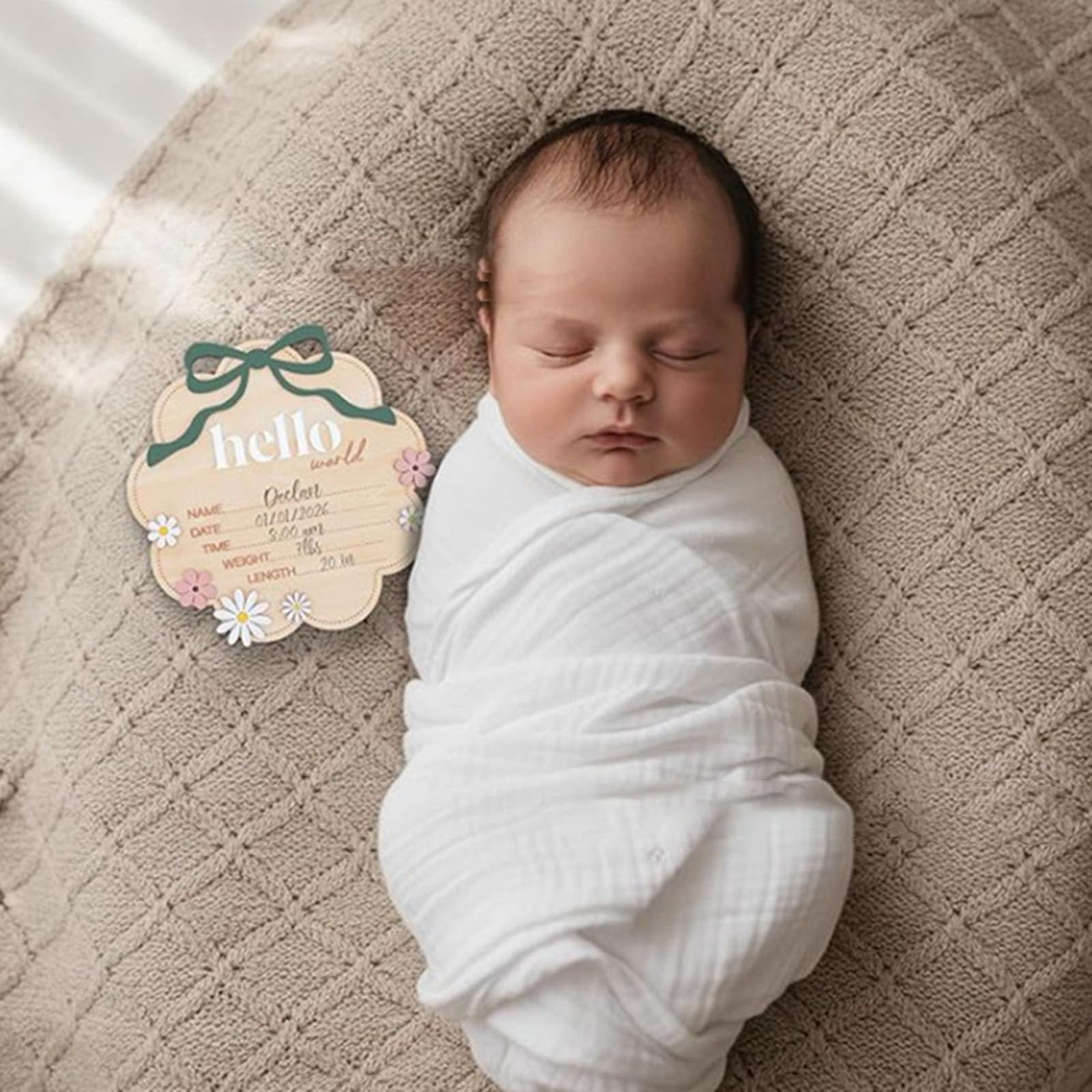 Hello World Wooden Baby Birth Announcement Sign with Pink Bow, Cloud Shape Floral Newborn Name Date Time Weight Length Board, Newborn Girls Boys Photo Prop (Purple) - 5