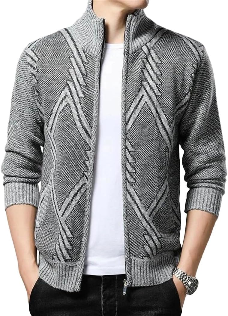 Men’s Fleece-Lined Cardigan Sweater Outerwear Thick Cozy Full Zip Layered Knit Top