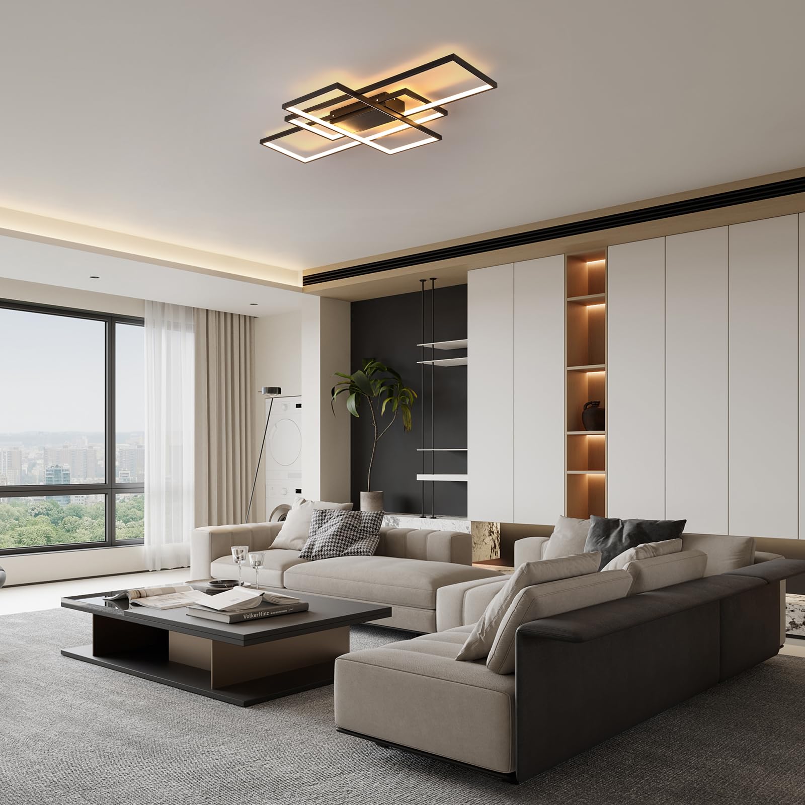 Moderna Lámpara de Techo LED 50W Regulable con Mando, Negro, 90cm | Iluminación Ajustable 3000K-6500K con Memoria, Diseño Rectangular de Aluminio, Perfecta para Salón, Dormitorio y Comedor