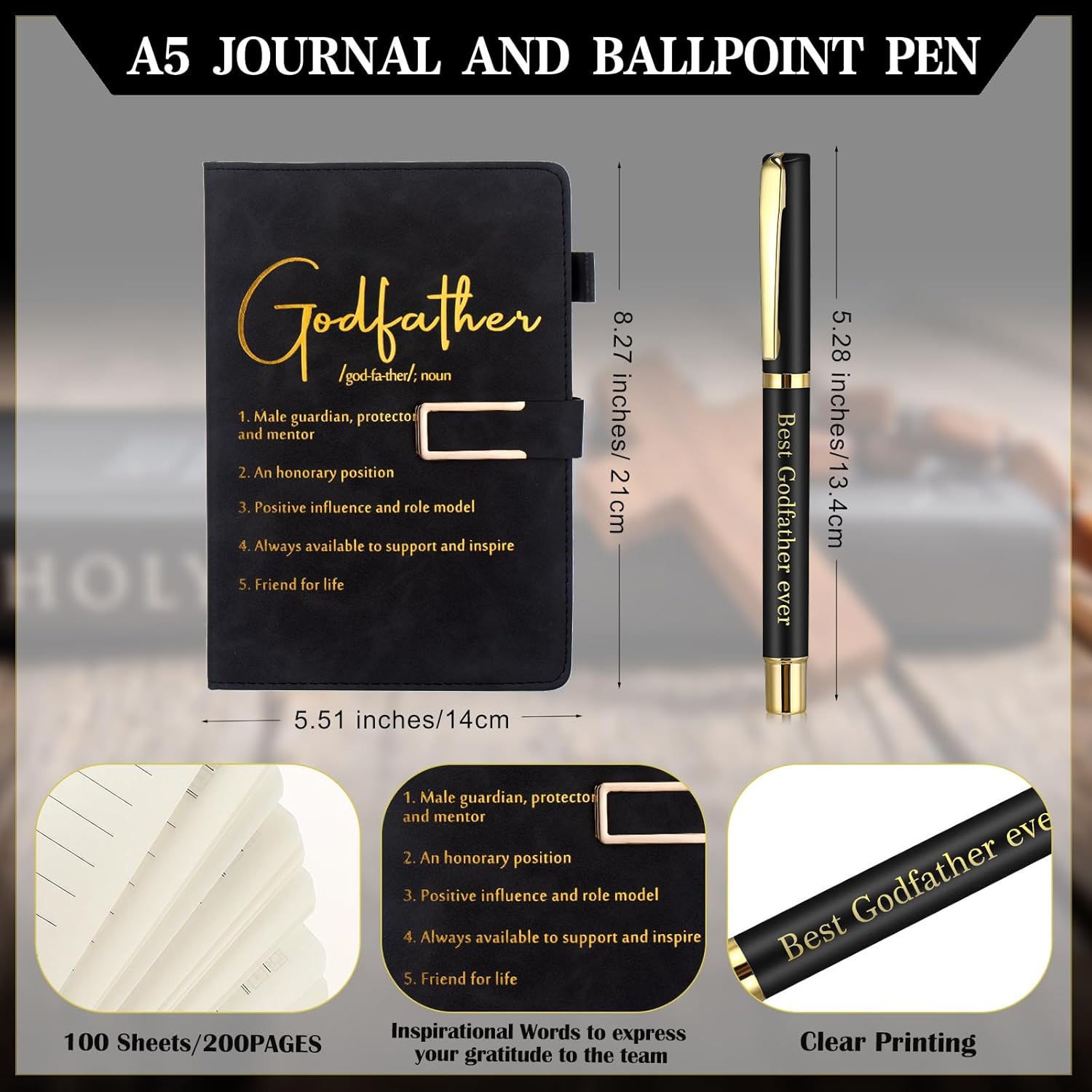 3 Pcs Godfather Appreciation Gifts from Godchild 17oz Stainless Steel Tumbler A5 Journal Ballpoint Pen Best Godfather Ever Gift for Men Valentines Proposal Birthday Baptism(Black) - Image 2