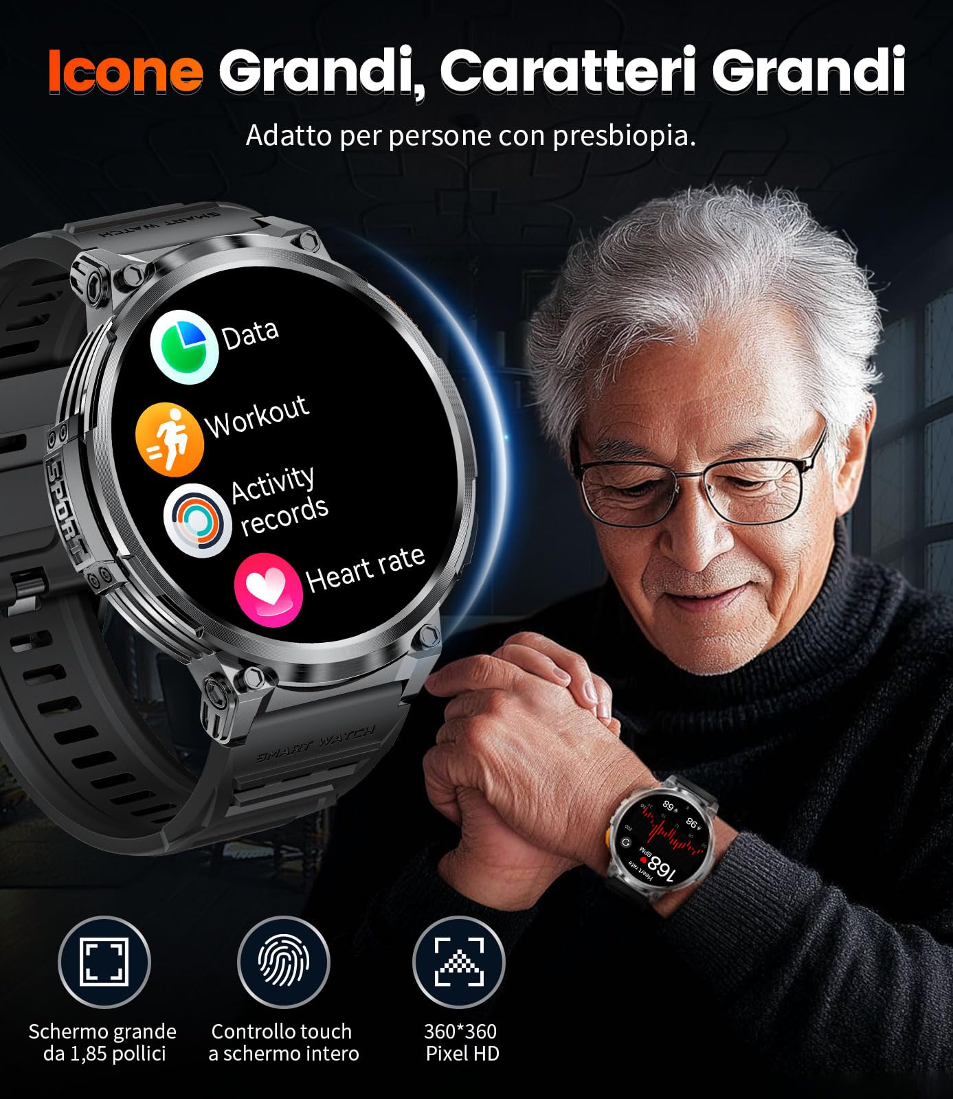 LIGE Orologio Smartwatch Uomo, 1.85"HD AMOLED Large Screen, IP68 Impermeabile, 730mAh Battery Smartwatch Pressione Sanguigna, 120+ Modalità Sportiva/Monitoraggio Della Frequenza Cardiaca, Android IOS
