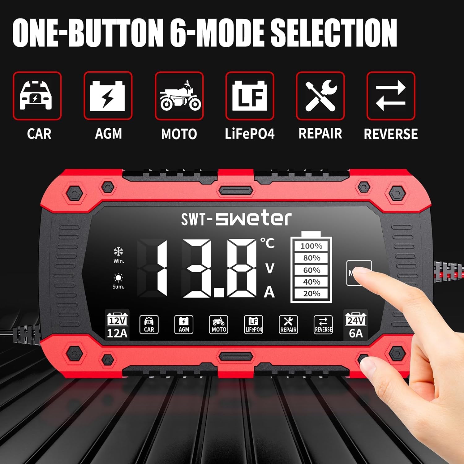 12A Smart Car Battery Charger, 12V/24V Automatic Battery Maintainer & Desulfator - Compatible with LiFePO4 Lithium, AGM, Gel, SLA, Lead-Acid for Truck, Motorcycle, Lawn Mower, Boat