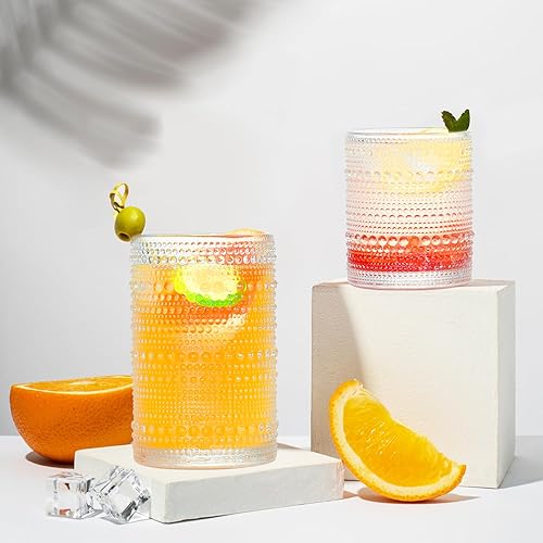 Miniatura 4 de Vasos de beber con asas Hobnail con pajitas, juego de 8 vasos vintage de 15 oz y 12 oz, juego de vasos con relieve para beber, vasos de vidrio