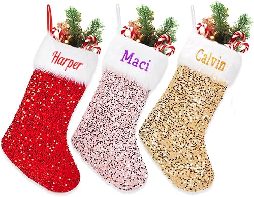 Ulico Calcetines de Navidad personalizados, 18 pulgadas, con lentejuelas bordadas con nombre personalizado, calcetines de Navidad para niños,